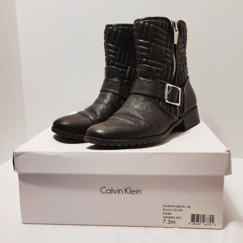 Calvin Klein Rauline Leather Ankle Boots Women's Size 7.5 Black Quilted